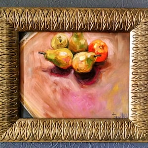 May include: A still life painting of four pears and a red apple on a wooden surface. The pears are green and yellow, and the apple is red. The painting is done in a realistic style with soft brushstrokes.
