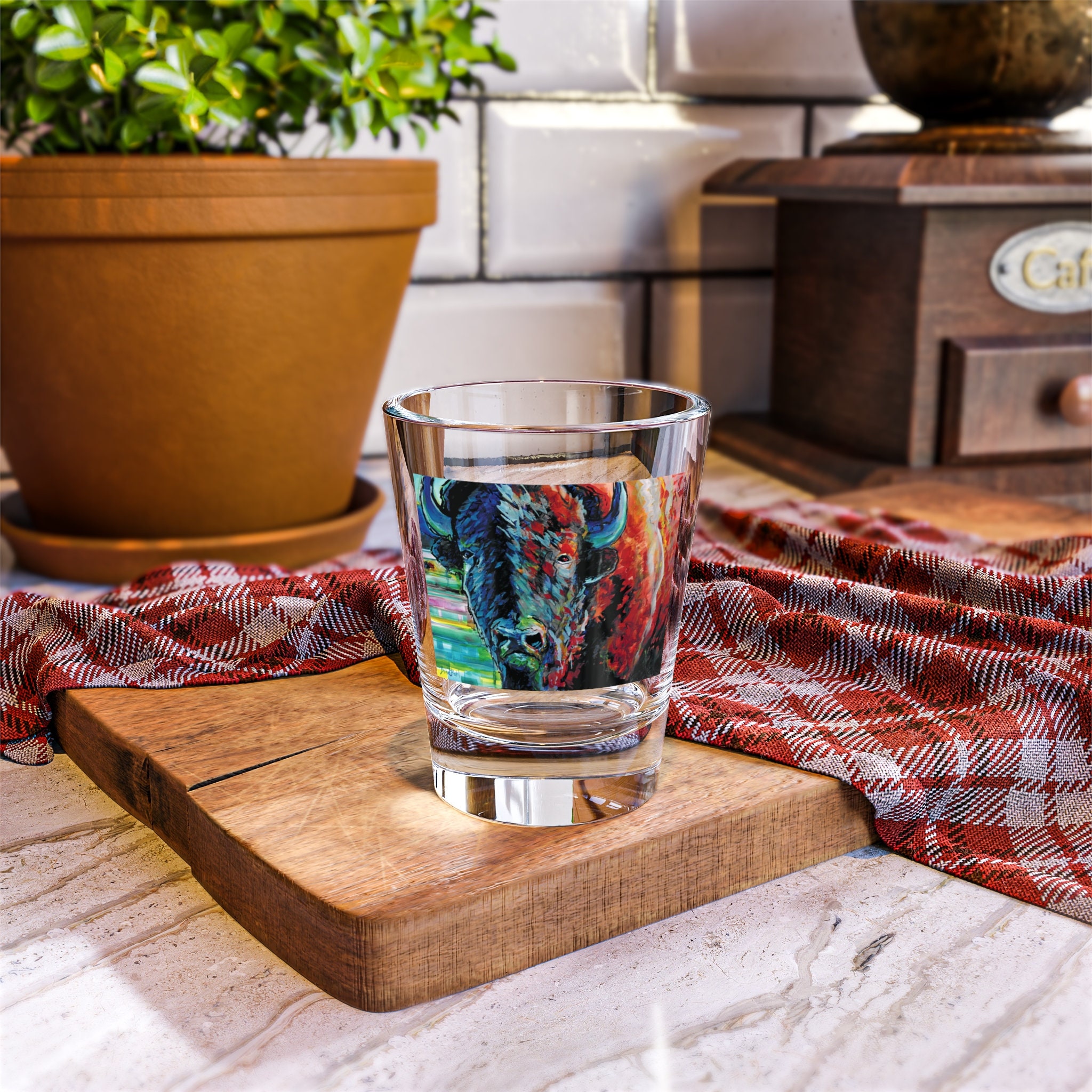Bison Portrait Shot Glass, 1.5oz, Print of Bison Painting by Bradley Bohl