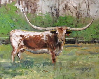 Longhorn Cow Oil Painting, Original Painting, canvas art, wall art