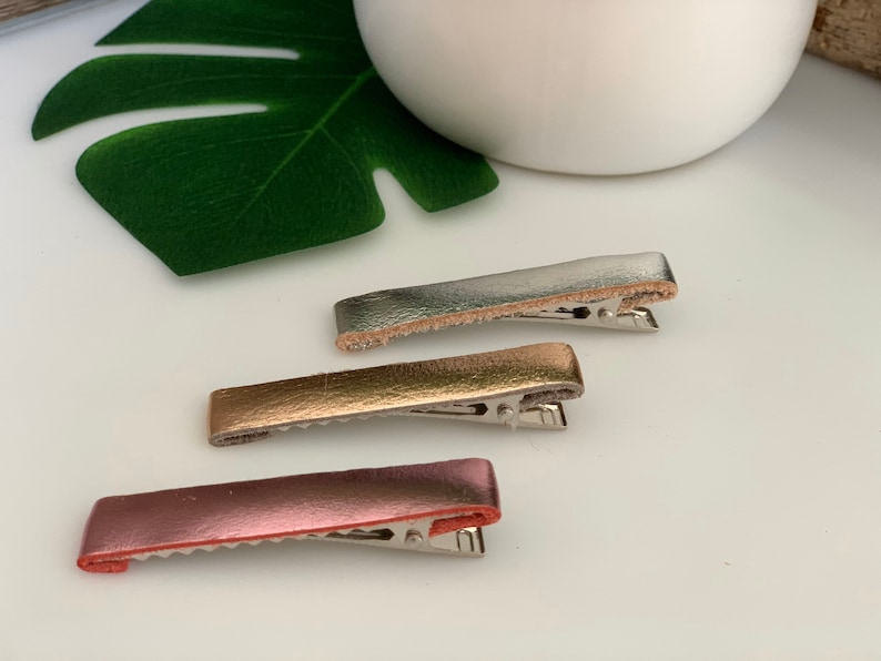 Set of 3 Genuine Metallic Rose Gold Silver Girl Hair Clip Mothers gift Bohemian Chic Pink Metallic Leather Alligator Hair Clips
