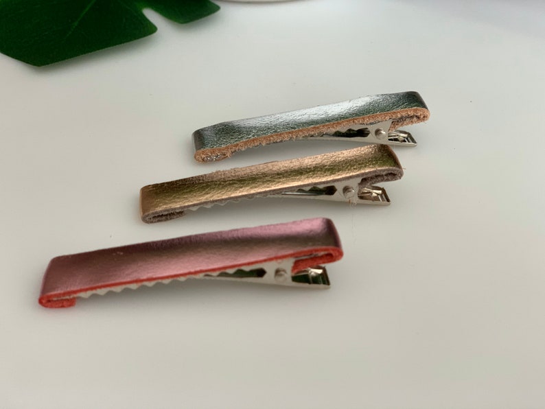 Set of 3 Genuine Metallic Rose Gold Silver Girl Hair Clip Mothers gift Bohemian Chic Pink Metallic Leather Alligator Hair Clips