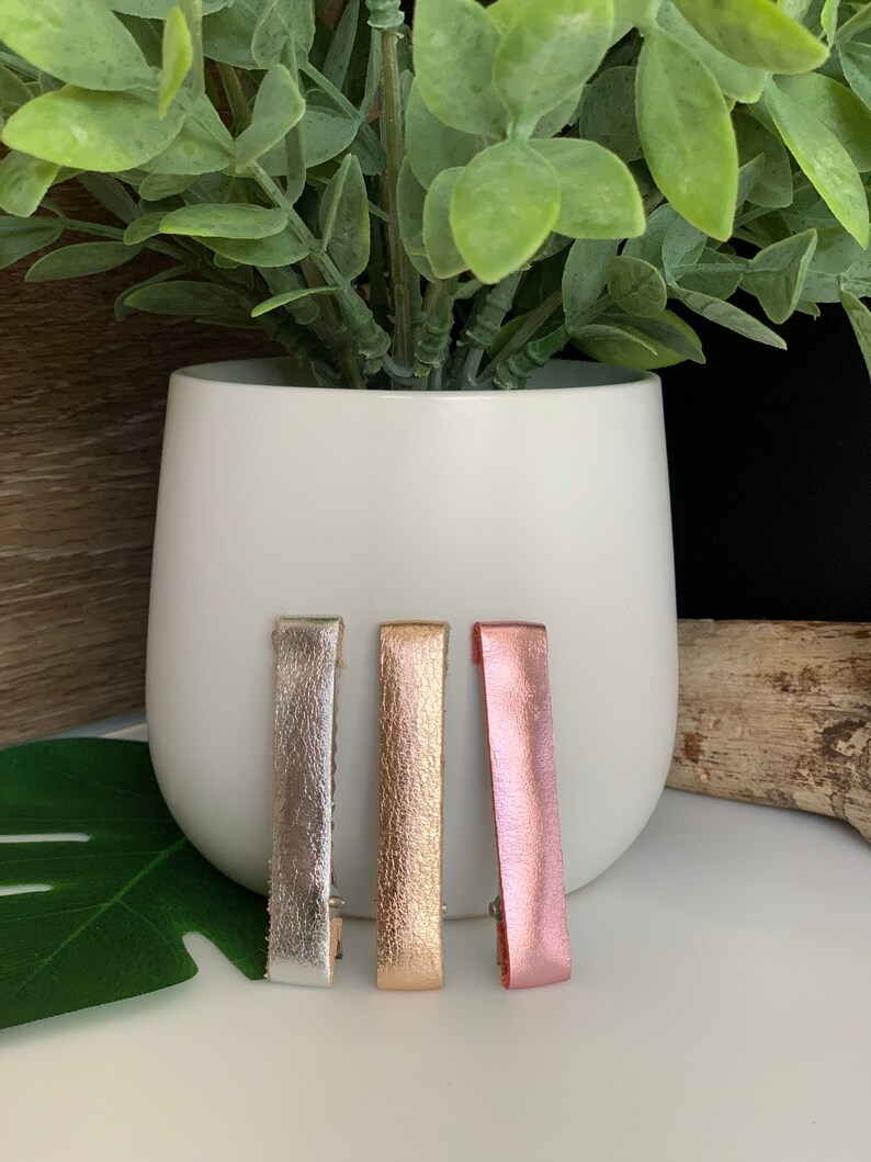 Set of 3 Genuine Metallic Rose Gold Silver Girl Hair Clip Mothers gift Bohemian Chic Pink Metallic Leather Alligator Hair Clips