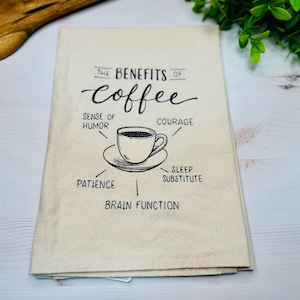 コーヒーの効能 おもしろユーモア 生意気な刺繍入りキッチン用小麦粉袋ディッシュタオル 天然コットン 吸水性に優れた未漂白の小麦粉袋タオル