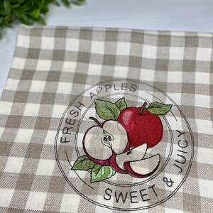 Sweet & Juicy Fresh Apples Stamp Embroidered Striped Natural Color Linen Towel Linen Tea Towel Hand Towel Guest Towel Farm Homestead Garden