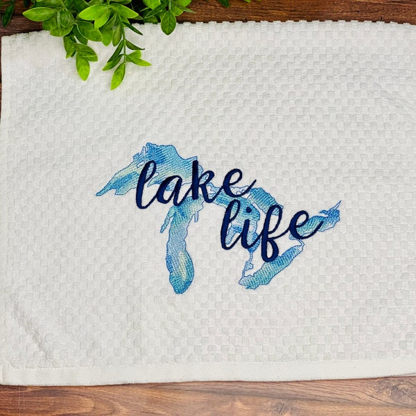 Lake Life Embroidered Waffle Weave Pure Cotton Super Absorbent Kitchen Towel Tea Towel White Michigan Wisconsin Illinois Canada Minnesota