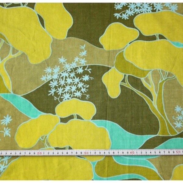 SALE Retro vintage fabric with trees - green and turquoise