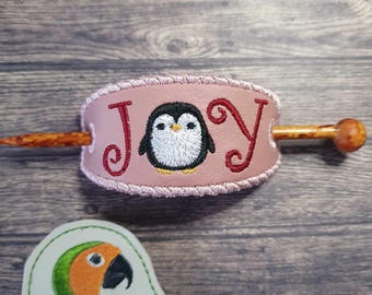 Joy penguin hair bun cover and barrette 4 x 4 ITH DIGITAL FILE for embroidery machines only plus free eyelet