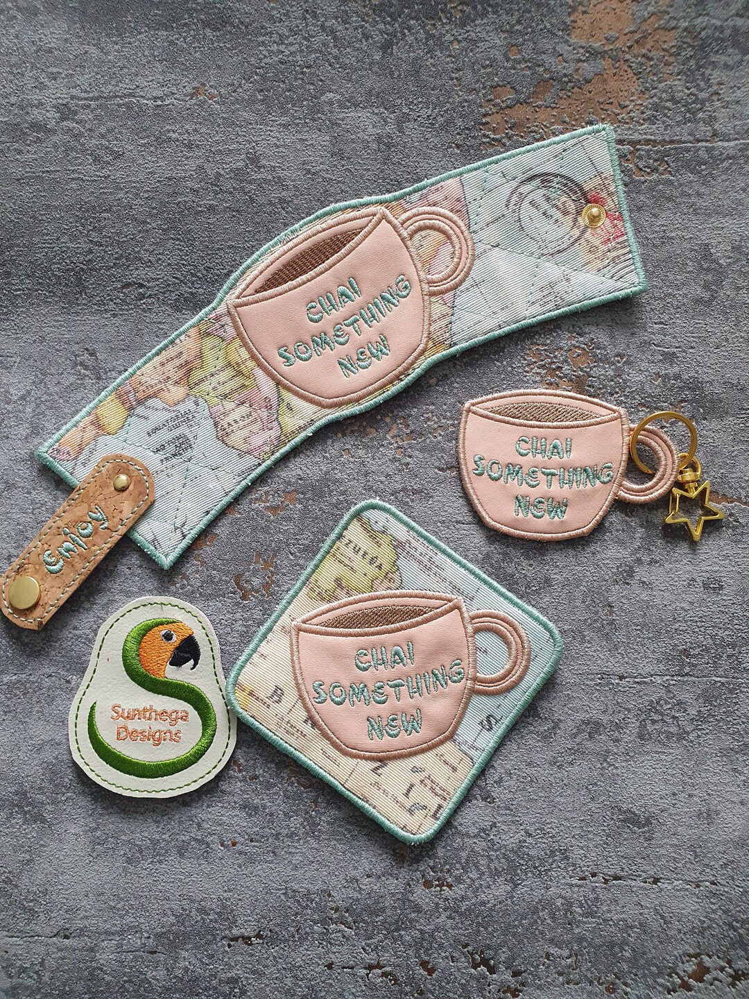 Chai Mug or Cup Cozy 6 X 10, Coaster 4 X 4, Key Fob 4 X 4 ITH DIGITAL FILE Only for Embroidery