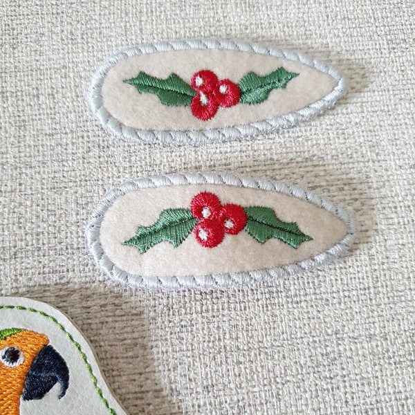 Festive Holly hair clips cover 4 x 4 ITH DIGITAL FILE for embroidery machines only