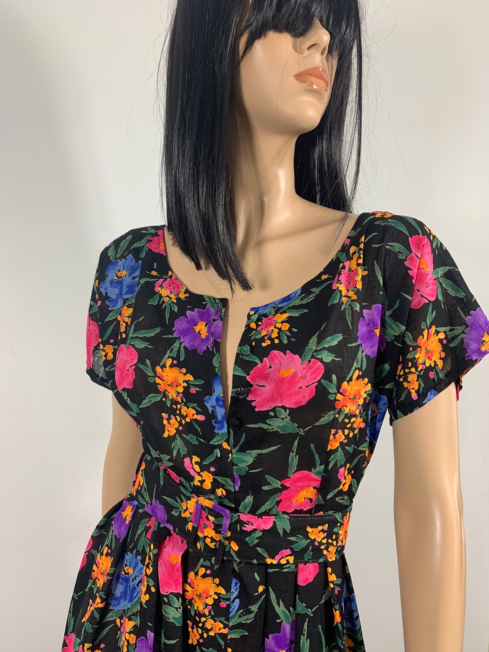 80s Floral Day Dress Size M-L | Etsy