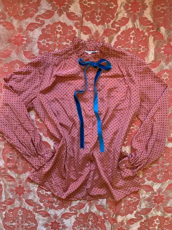 70s / 80s Rust Orange Polka Dot Secretary Blouse |
