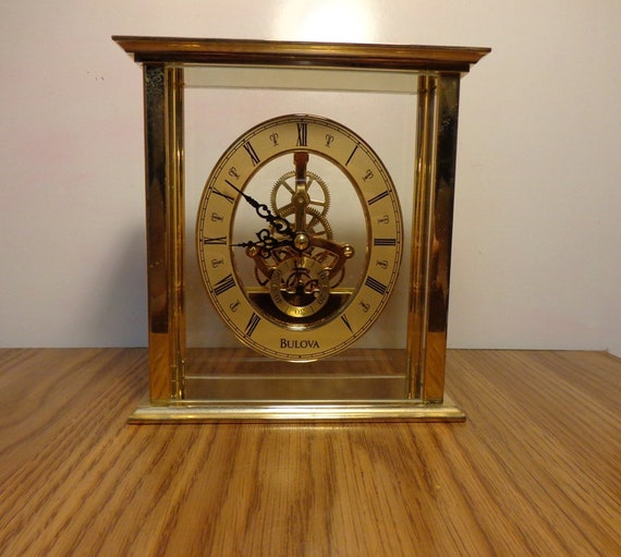 Bulova Brass Glass And Skeleton Movement Mantel Table And Etsy