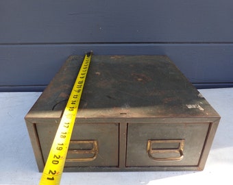 Vintage Army Green Metal Two Drawer File Card Storage Cabinet with Solid Brass Hardware