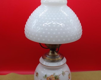 QUOIZEL Vintage 3-WAY Switch Hurricane Lamp NO. 1960-3 1/4 1973 Rustic Flower Bouquet with White Hobnail Milk Glass Lamp Shade