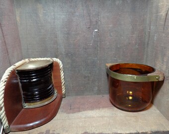 Vintage Nautical National Marine Brass Lamp & Anchor Hocking Amber Ice Bucket Set