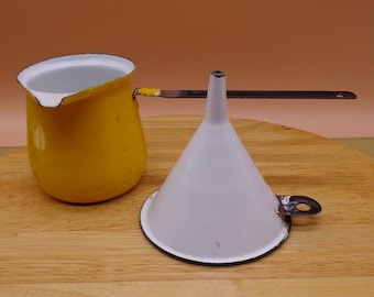 Vintage Enamelware Dripper Ladle/ Cup and Funnel House Décor Set of 2