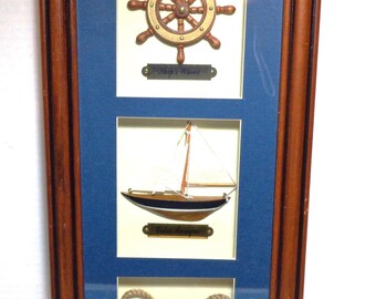 Vintage Nautical Wood Shadow Box Brass Phil's Steering Helm, Cotre Anriqe Sail Boat Wheel, Double Carriks Bend  Rope knots,