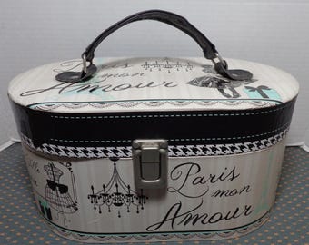 Travel Train Case Paris Themed Decor, Paris Mon Amour with Mirror, Cosmetic Makeup tray