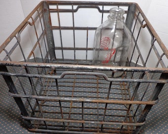 Vintage 1950's Boston Whiting Steel Milk Crate, United Co-op Society Maynard 1/2 Gal Milk Bottle, Both from Milk Companys in Massachusett