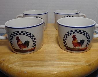 Vintage Century Stoneware Thailand Rooster Flat Mug Cup A Rare Set Of 4