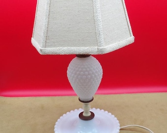 Vintage White Hobnail Milk Glass Table Lamp and Lamp Shade