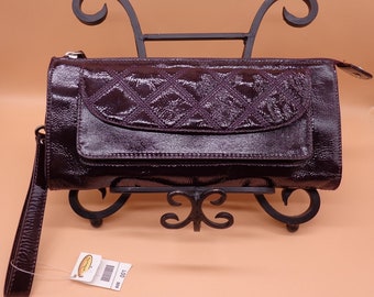 Vintage TALBOTS Dark Brown/Burgundy Genuine Leather Zip Top Clutch Wristlet New Condition