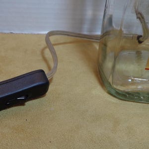 K&ouml;nnte beinhalten: Eine klare Glasflasche, die als Lampensockel wiederverwendet wurde, mit einer Gl&uuml;hbirne im Inneren. Ein schwarzer Schnurschalter ist mit einem transparenten Elektrokabel verbunden. Die Flasche hat ein Etikett mit der Aufschrift "ESTABLISHED".