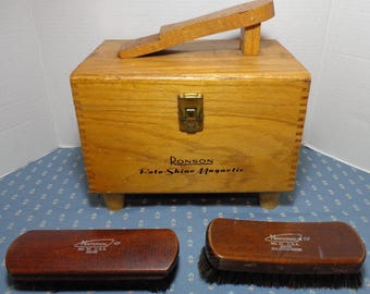 Vintage RONSON Shoe Shine Oak Wood Box with 2 National 100% Sterilized Horsehair Shoe Brush NO. 30 and 31