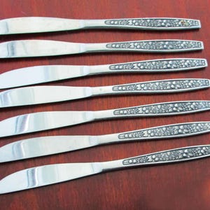 Mid Century Flatware PAGEANT HARVEST 7 Dinner Knives, Silverware Fruit Design with Black Accent, Vintage Stainless Japan