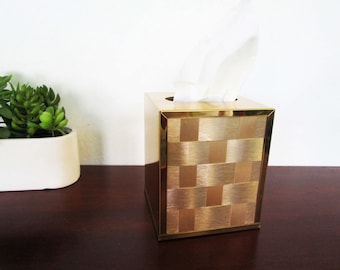 Vintage Stylebuilt Gold Plated Woven Tissue Box Cover Square Upright Hollywood Regency Mid Century Bathroom, Bedroom Retro Decor