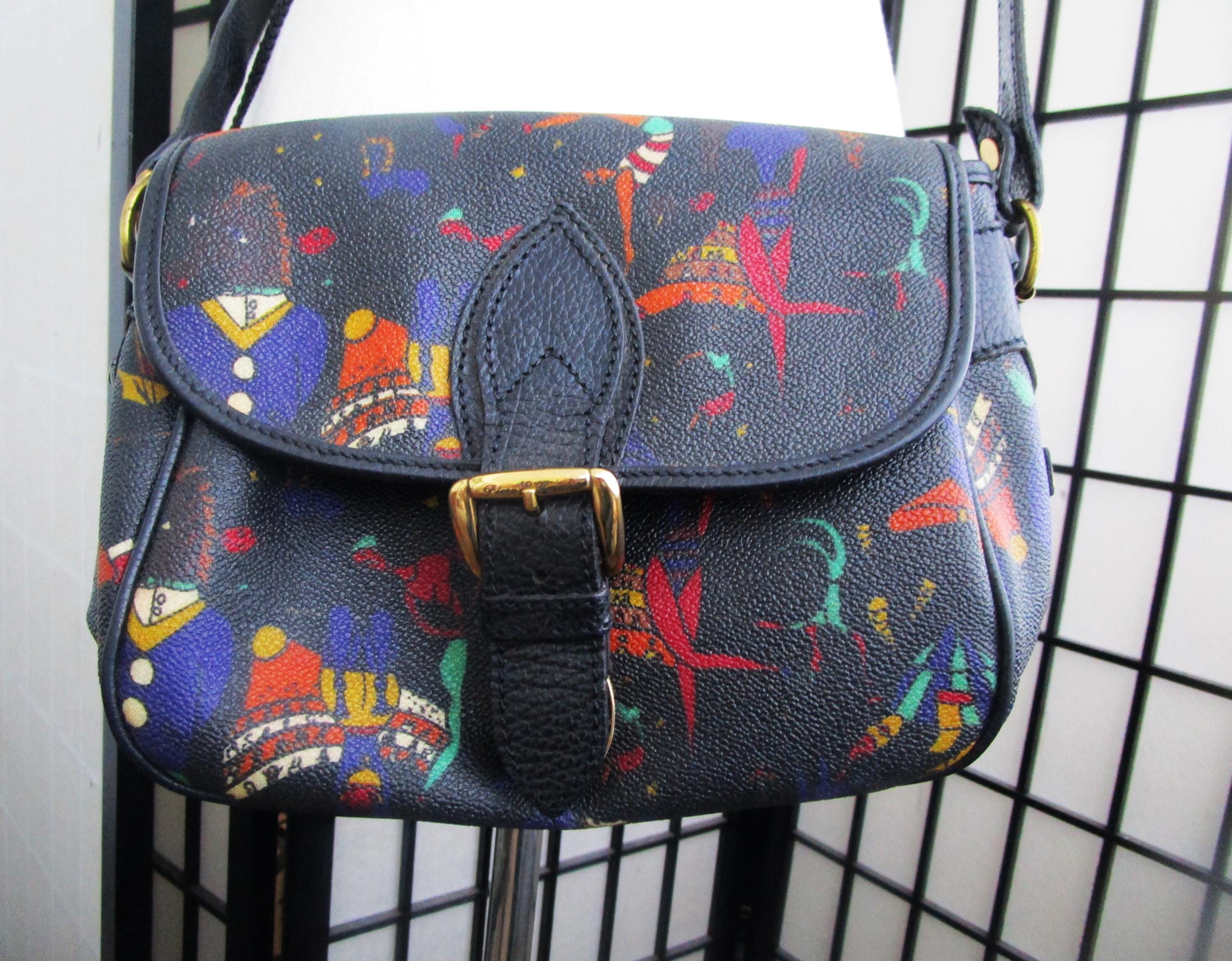 Vintage PIERO GUIDI Magic Circus Black Leather Coated Crossbody Bag Made in Italy
