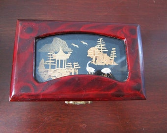 Gogeous Cork Carved Asian Rosewood Box w/Cranes Birds, Pagodas Glass Top Small Vintage Storage Box Jewelry Box Odds & Ends Box Trinket Box