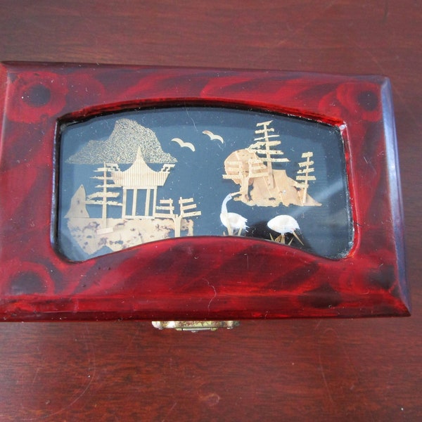 Gogeous Cork Carved Asian Rosewood Box w/Cranes Birds, Pagodas Glass Top Small Vintage Storage Box Jewelry Box Odds & Ends Box Trinket Box