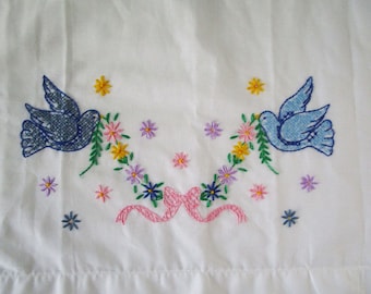 Vintage White Pillowcase Embroidered Lovebirds and Flowers Blue and Pink, Child Pillow