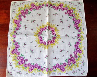 Vintage Handkerchief 1950s, New & Crisp, Purple Yellow Flowers on White BG, Vintage Hanky, Chic Neckwear, Gift for Her