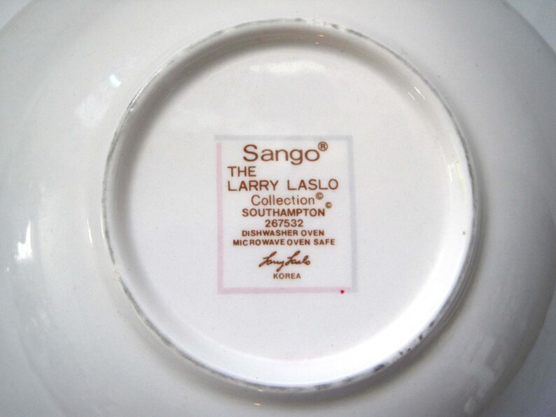 Pair Larry Laslo Sango Teacup Saucer Designer Teacup Set Vintage Teacup 1980s Sango Blue Hydrangeas Southampton c