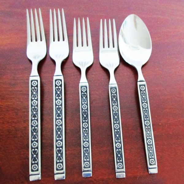 HACIENDA Stainless Flatware by Gorham LOT 5 Pcs, 4 Forks, Nearly New, Glossy Black Accent Discontinued Circa: 1968 - 1980