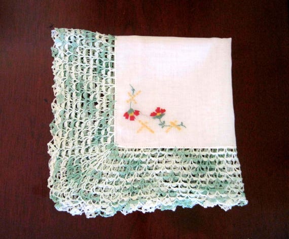 Vintage Handkerchief, Green and White Crocheted D… - image 1