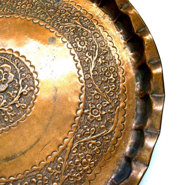 Round Tray, Stamped Copper, India, 11 Inches, Thick Copper, Stamped, Heavy, Boho, Wall Mount, Vintage Serving, Bohemian Decor, Wall Decor