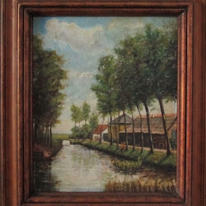 Vintage Oil Painting on Wood W. De Groot Dutch Canal Holland Netherlands Countryside Early 20th Century Artwork Dutch Artist, Gift for Him