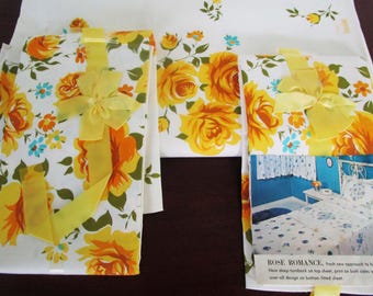 Lady Pepperell Sheet Set 2 Pillowcases 1 Sheet Yellow ROSE Romance 100% Cotton Gorgeous NOS Standard Size Vintage 1950s Made USA