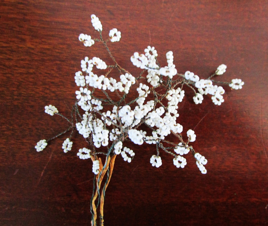 Vintage French Glass Beaded Flowers Baby's Breath White, Fantasy