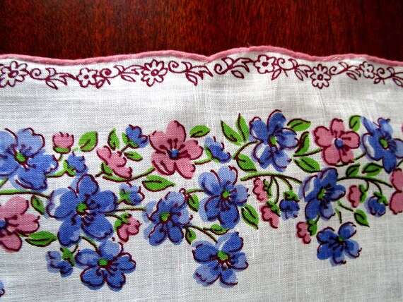 Vintage Handkerchief 1950s Pink & Blue Flowers Ha… - image 3