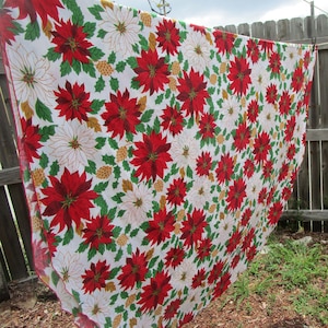 Vintage Christmas Tablecloth, Oval 86x56&quot;, Red Poinsettias with Green and Gold , Holiday Decor, Xmas Tablecloth