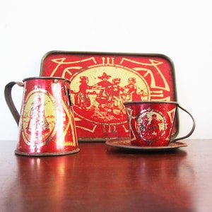 Art Nouveau Child Tea Set Tin Dutch Holland Girls Playing Antique RARE 1910s Red Metal