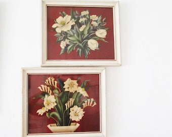 2 DeJonge Art Deco Prints Air Brushed Vintage 1940s Burgundy and White Flower Arrangements 10x12"  Framed