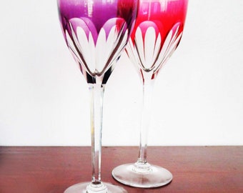 2 Goblets Tall Glass Cut to Clear Crystal Bohemian Czech Pink Purple Similar to Fabergé Multi Colored Stemware Ovals