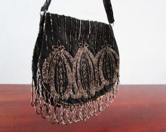 Antique Nouveau Silver Purse Bag French Steel Cut Beads