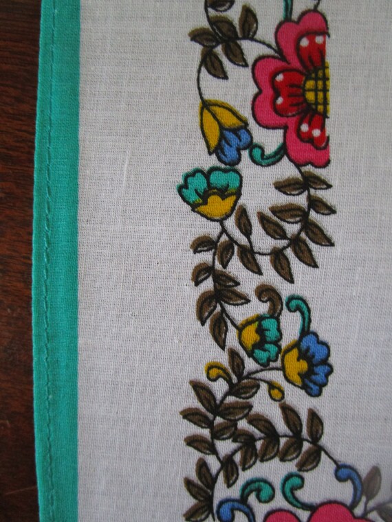 Pair Vintage Floral Handkerchief, Aqua w/Pink Flo… - image 5