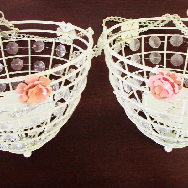 Pair Hanging Planters or Candle Holders Tole Pink Roses Prisms, White Metal Shabby Chic Farmhouse Cottage Decor, Porch, Patio